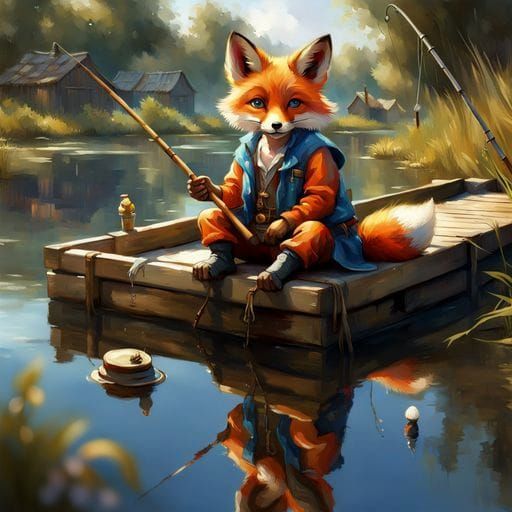 Adorable Fox Fisherman on Dock: Digital Matte Painting