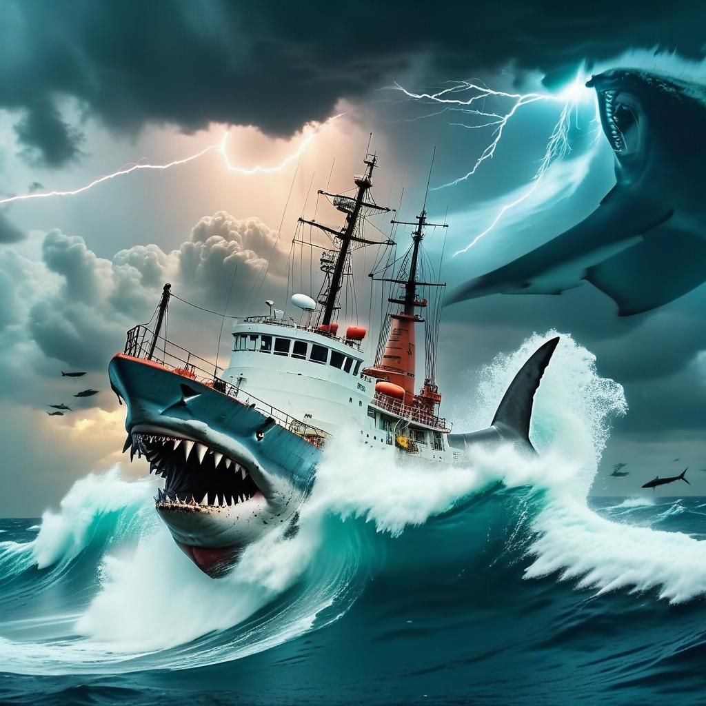 Ship Hit by Wave, Captain Jumps on Shark