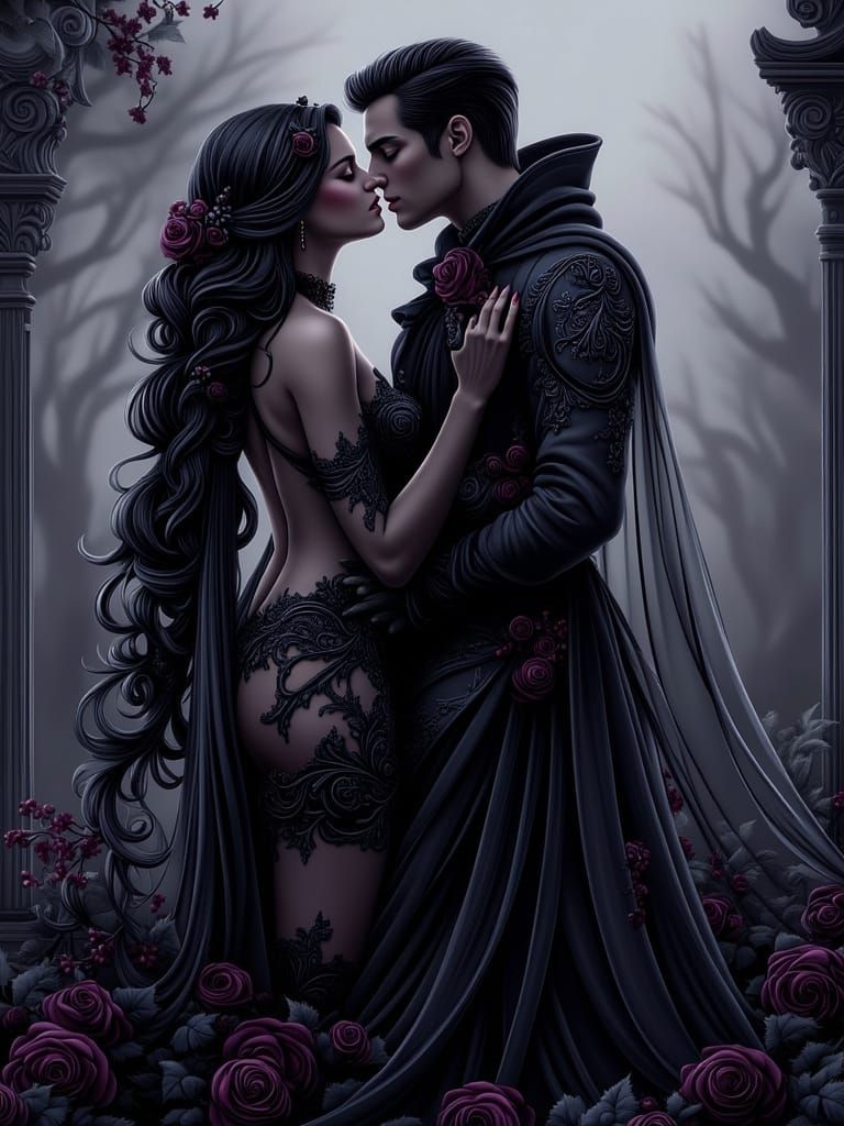 Gothic Couple's Passionate Kiss in Misty Cemetery