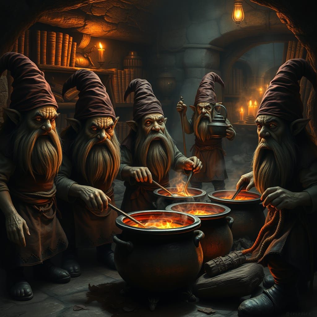 Dark Gnomes Brew Poison in a Gothic Dungeon