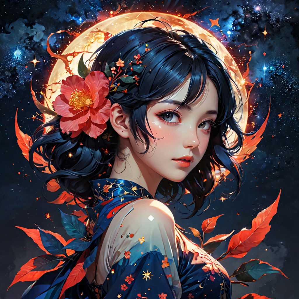 A Dreamy Woman Under the Vibrant Camellia Moon