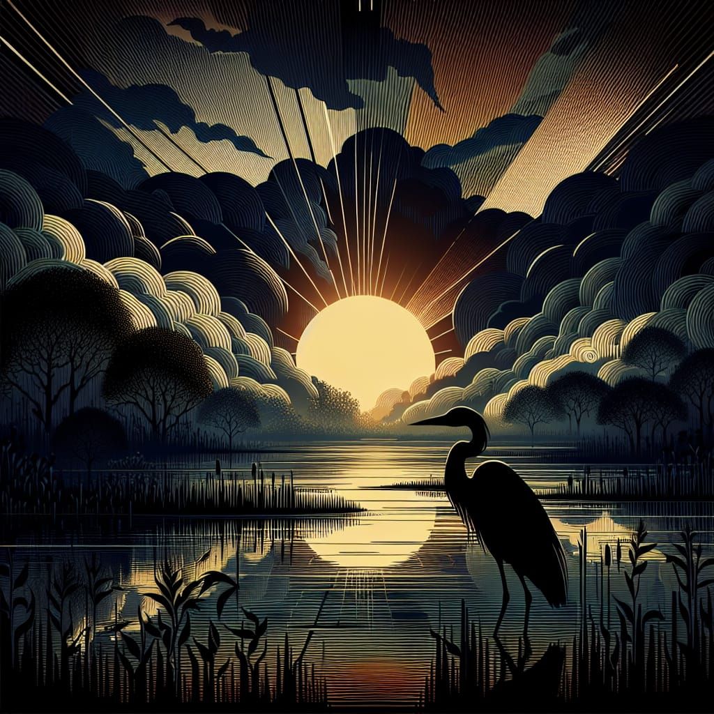 Heron in Wetlands: Maximalist Fantasy Art at Sunrise