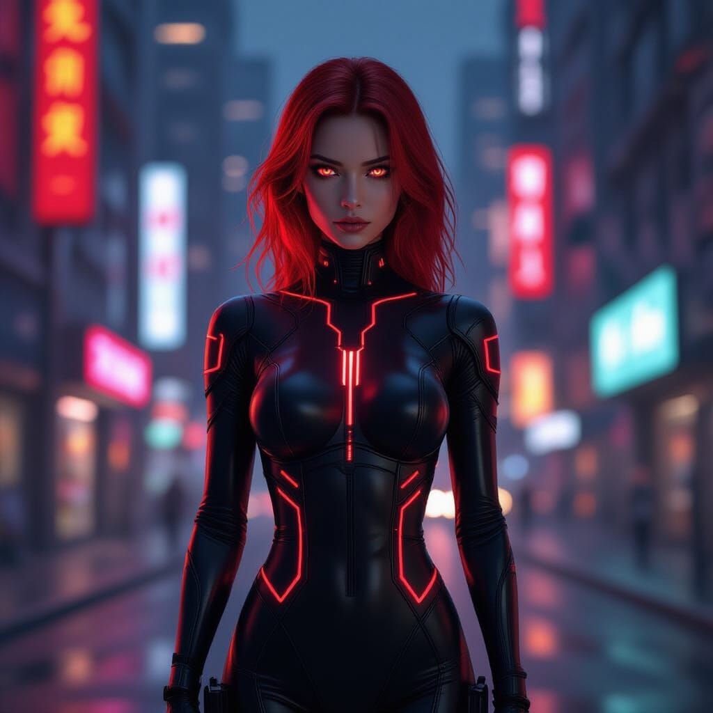 Cybernetic Woman in Neon Cityscape: Cyberpunk Digital Art