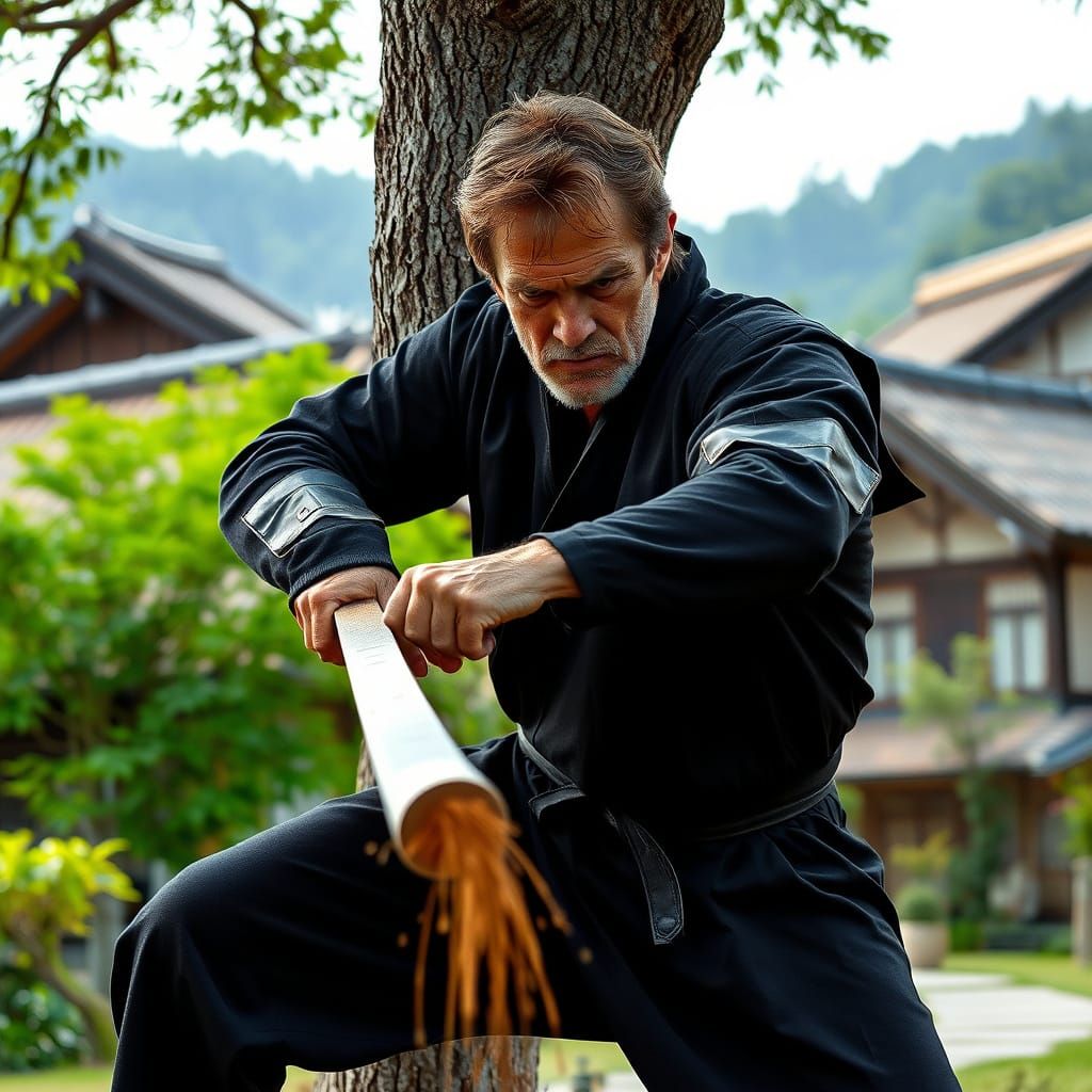 Hyperrealistic Photo: Chuck Norris Ninja Chops Oak Tree