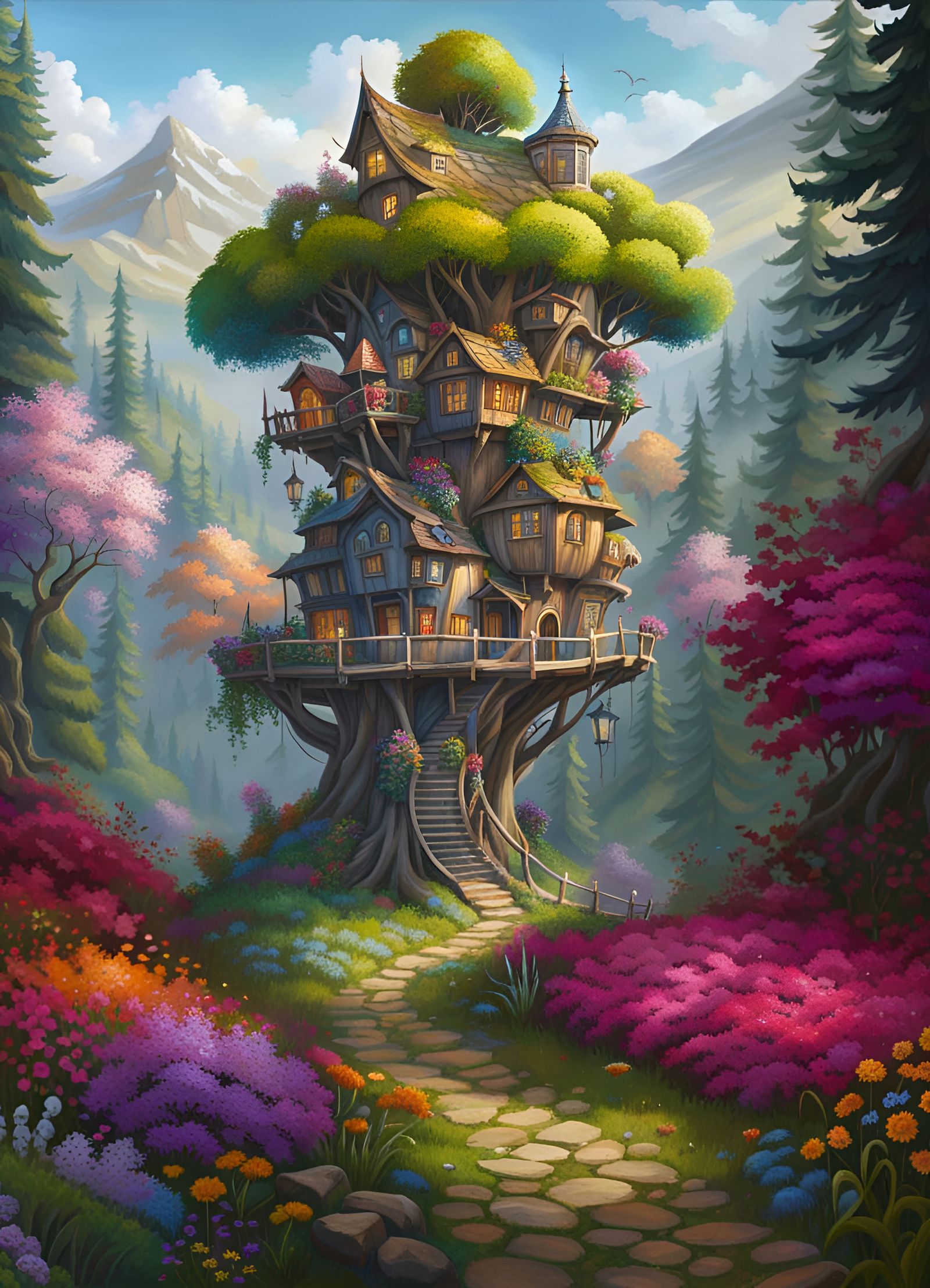 Enchanted Tree-City Covered in Colorful Flowers