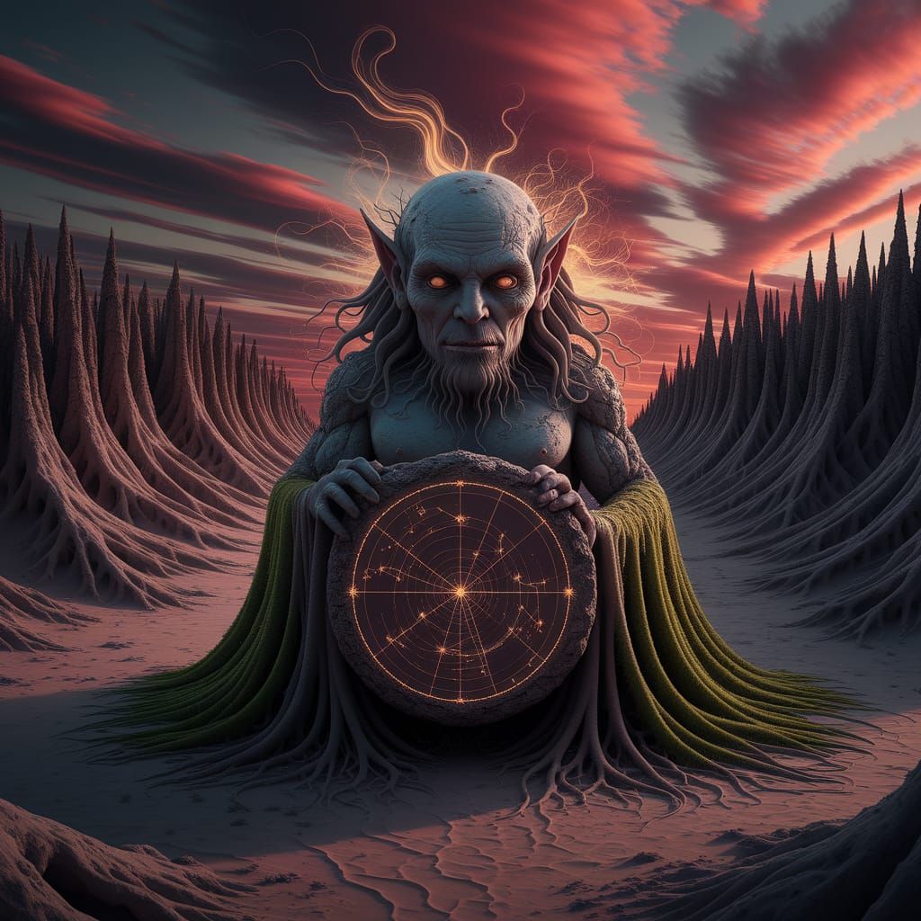 Lovecraftian Trickster Deity in Dreamlike Sunset