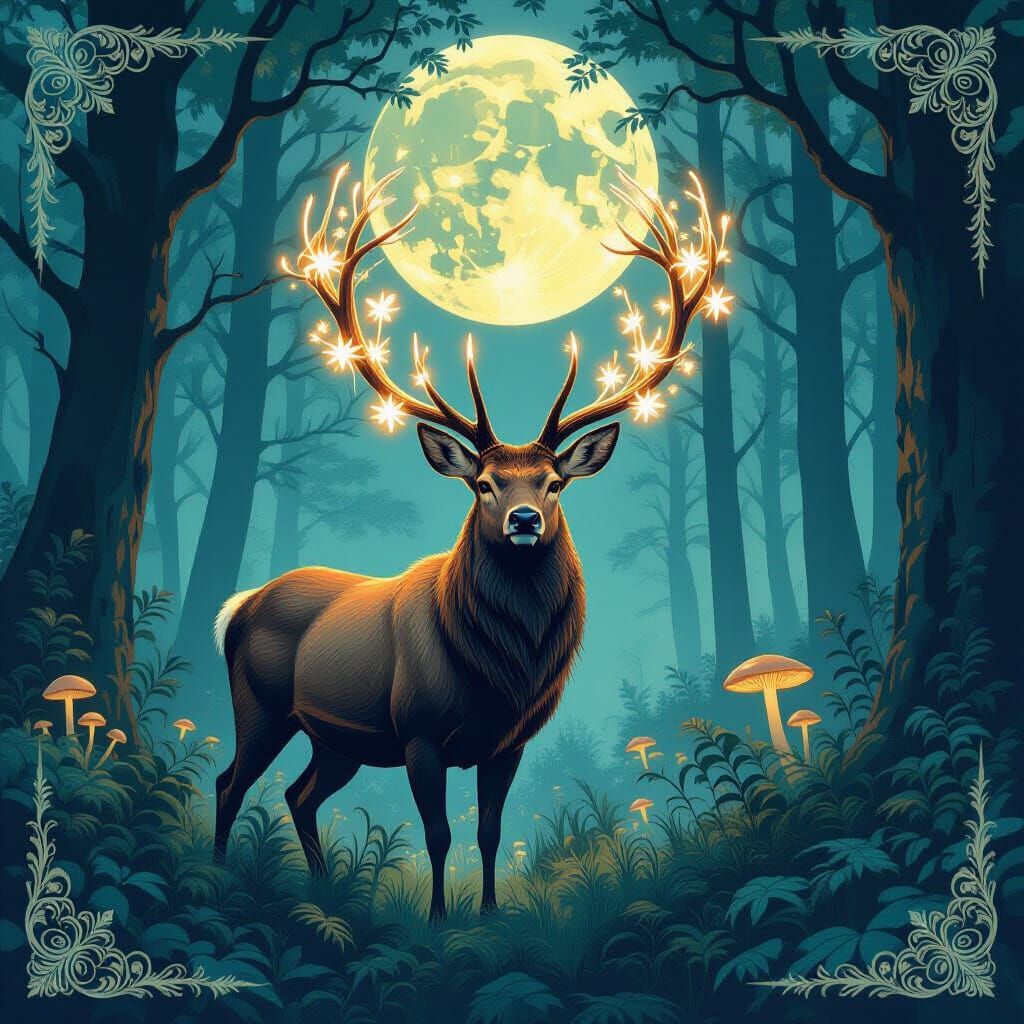 Stag with Floral Antlers in Moonlit Forest