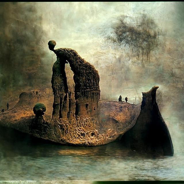 Ferryman Transporting Souls in Gothic Landscape