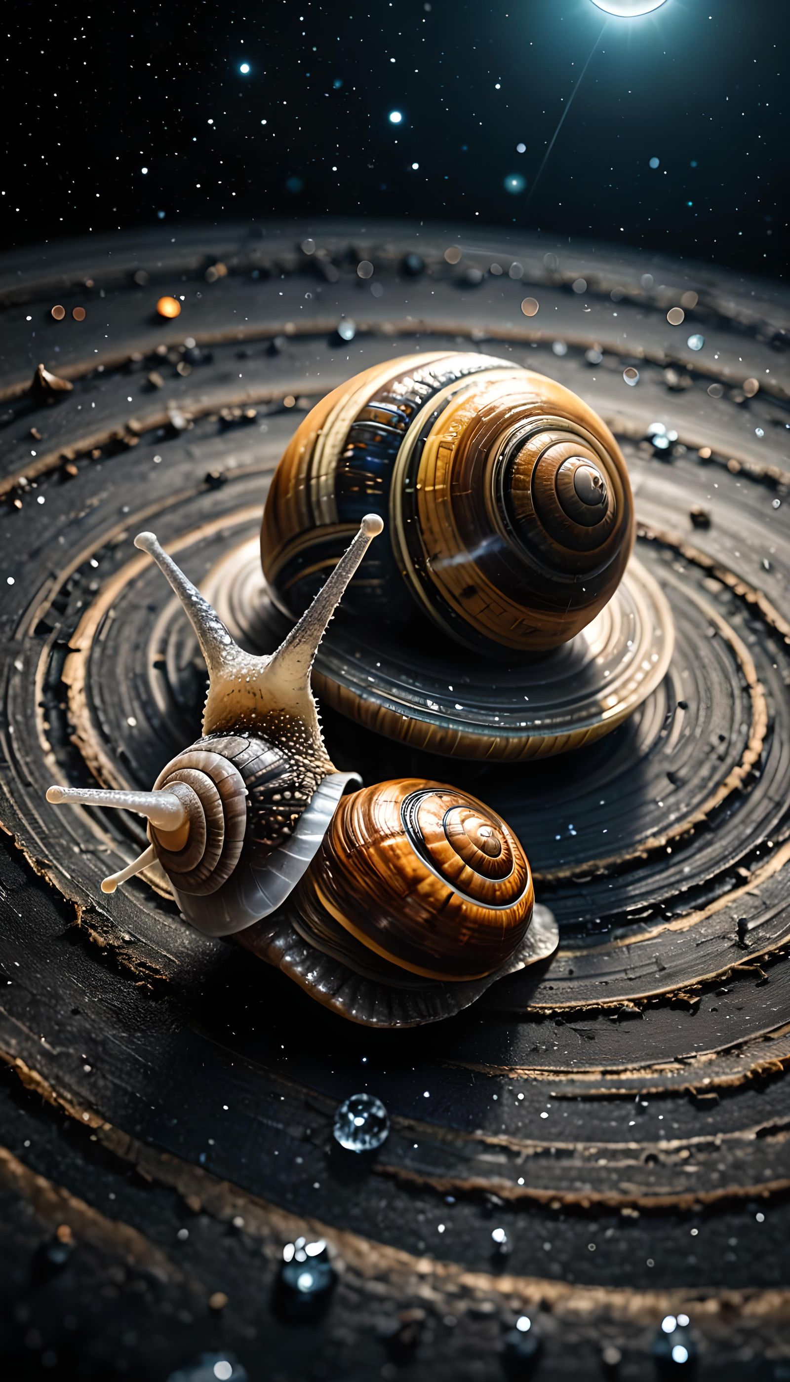 Snail Crawling on Saturn's Rings: Hyperrealistic Image