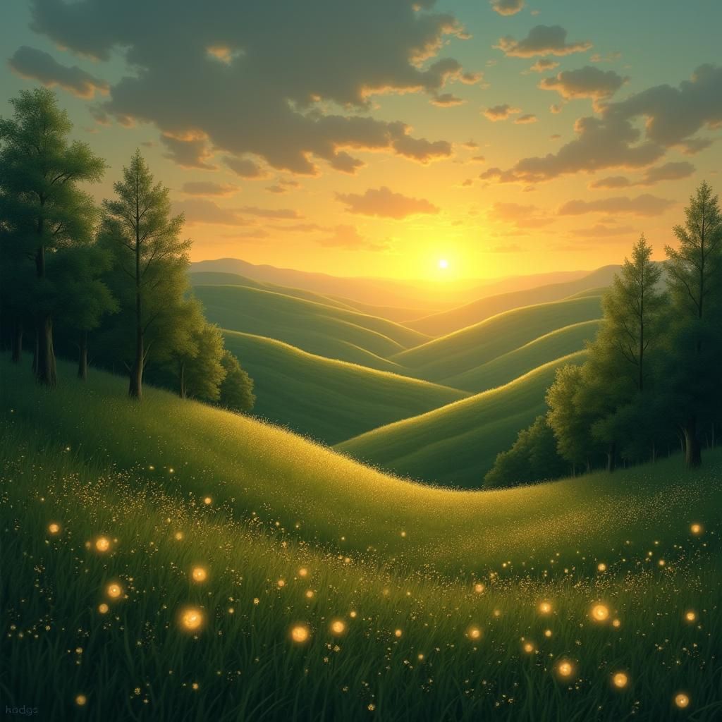 Sunset Landscape with Fireflies in Impressionist Style