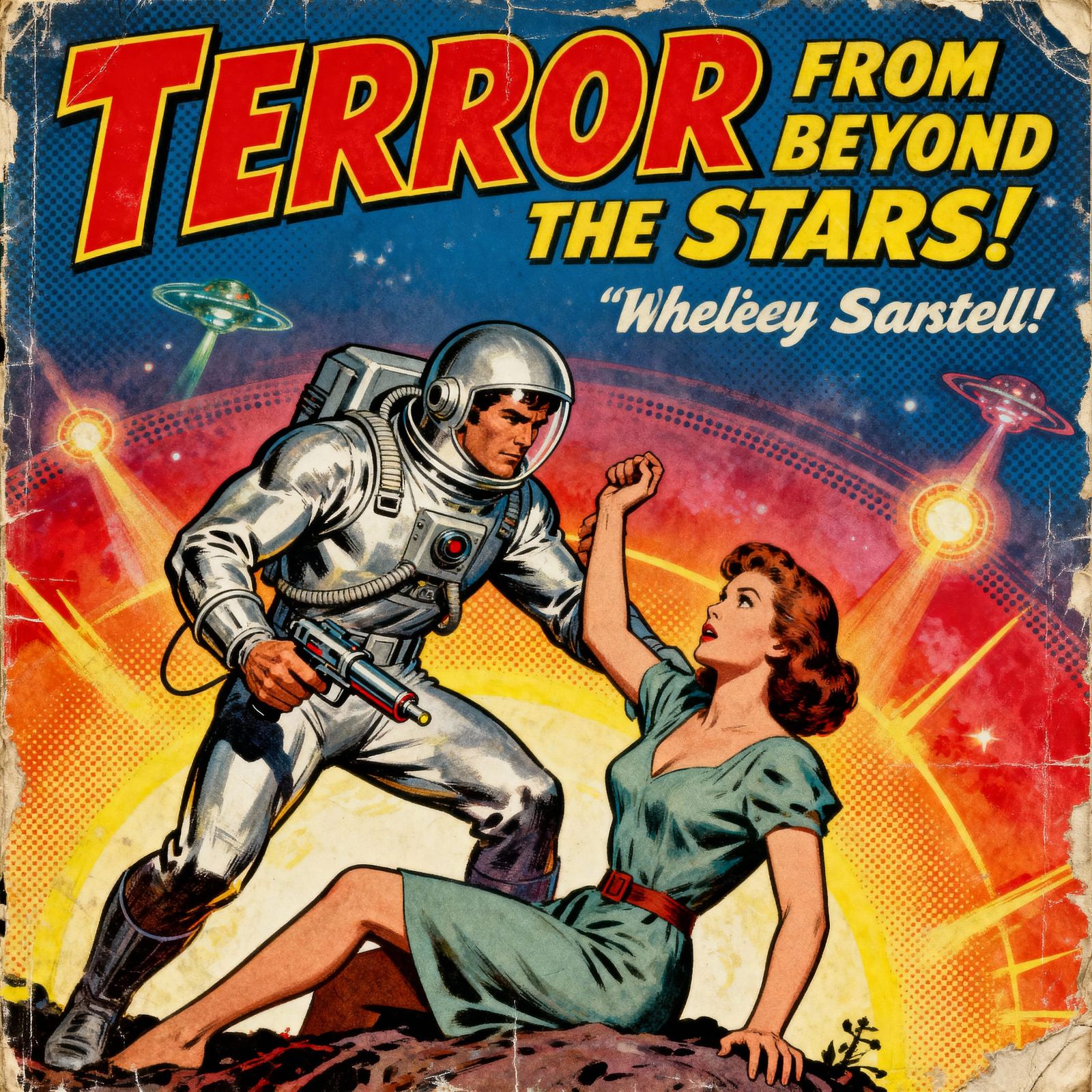 Retro Sci-Fi Comic Cover: Hero Rescues Woman from Alien Sky