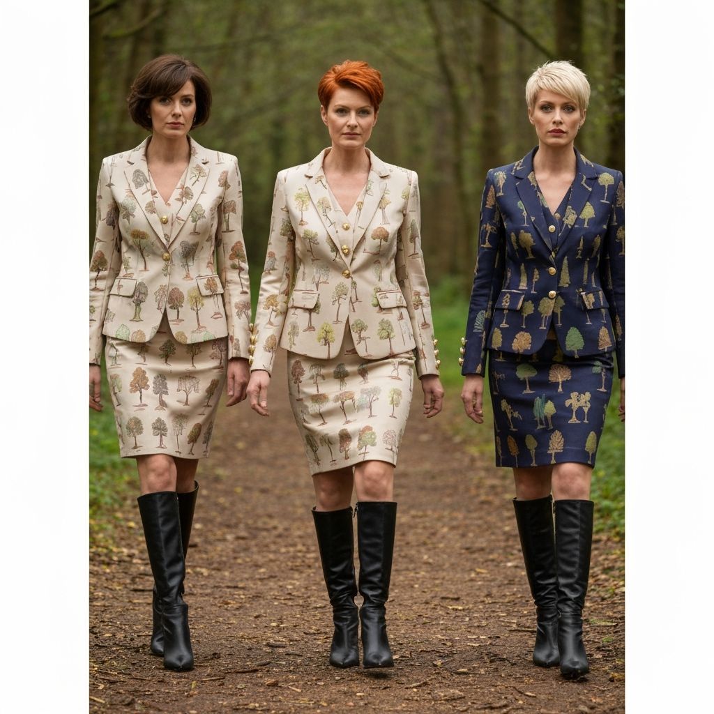 Businesswomen in Tree-Patterned Outfits Walk Forest Path