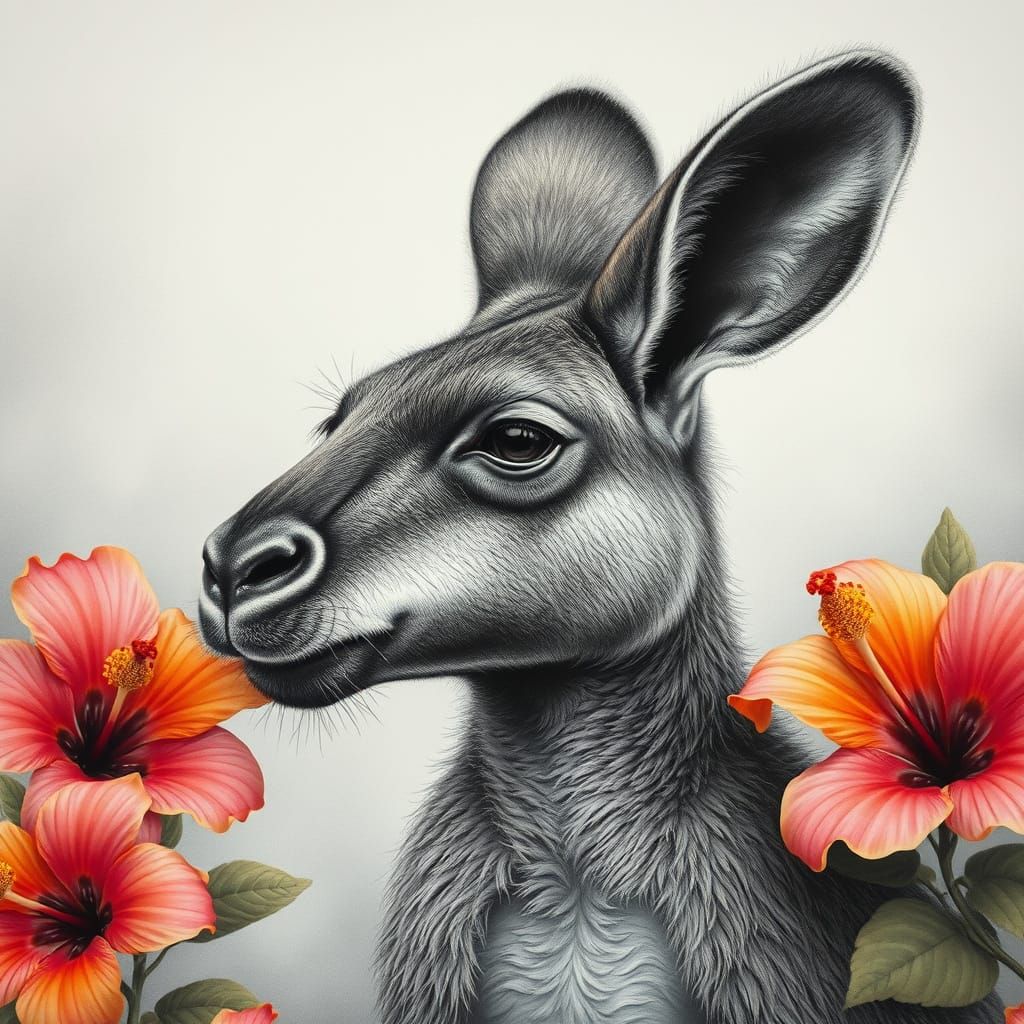 Hyper-Realistic Charcoal Drawing of a Majestic Kangaroo Amid...