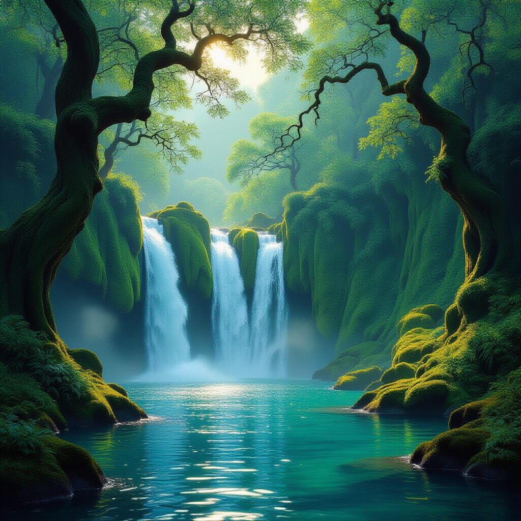 Majestic Waterfall in Ethereal Dawn Light