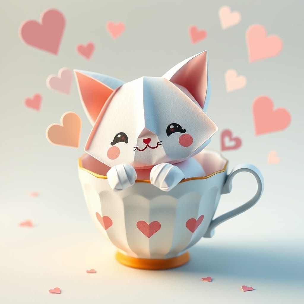 Origami Cat in Teacup with Hearts and Stars