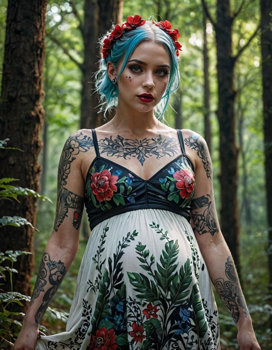 Pregnant Woman in Dark Forest, Fantasy Concept Art