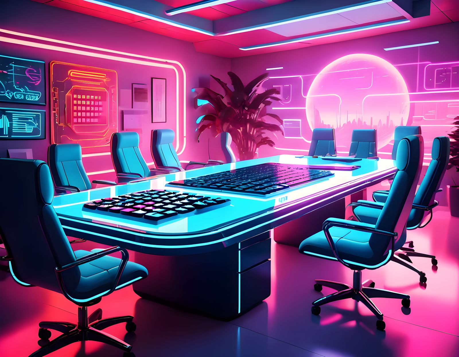 Retro-Futuristic Calculator Conference Table in Neon Office
