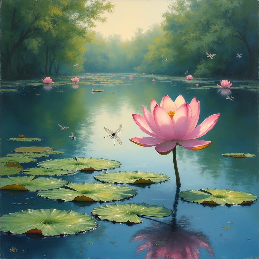 Ethereal Lotus in Monet-Inspired Impressionist Scene