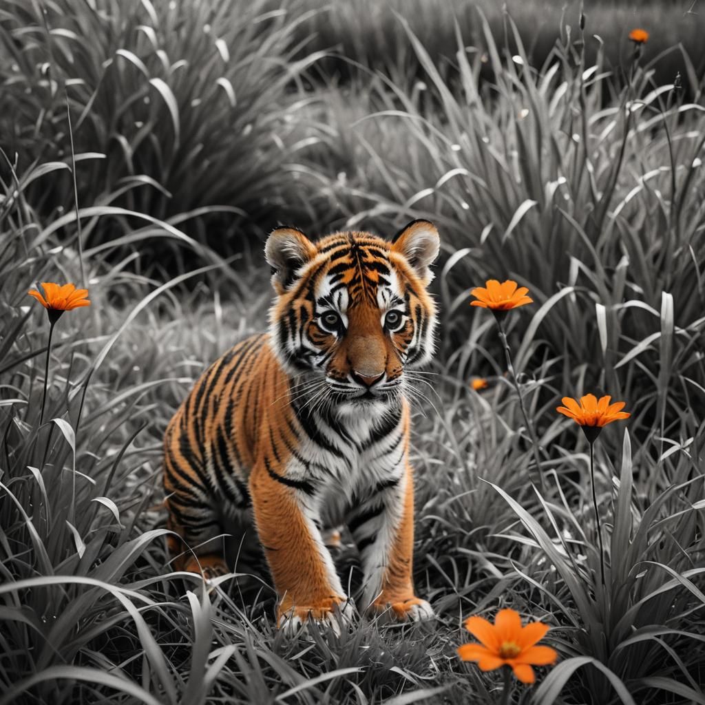 Cute Tiger Cub in Grayscale Grass with Flower