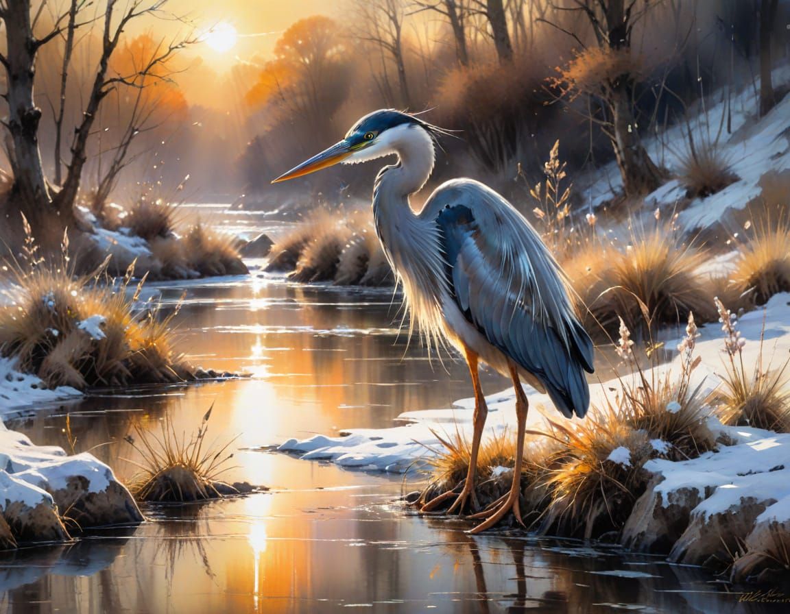 Spring Heron Glacial Stream in Watercolor Style