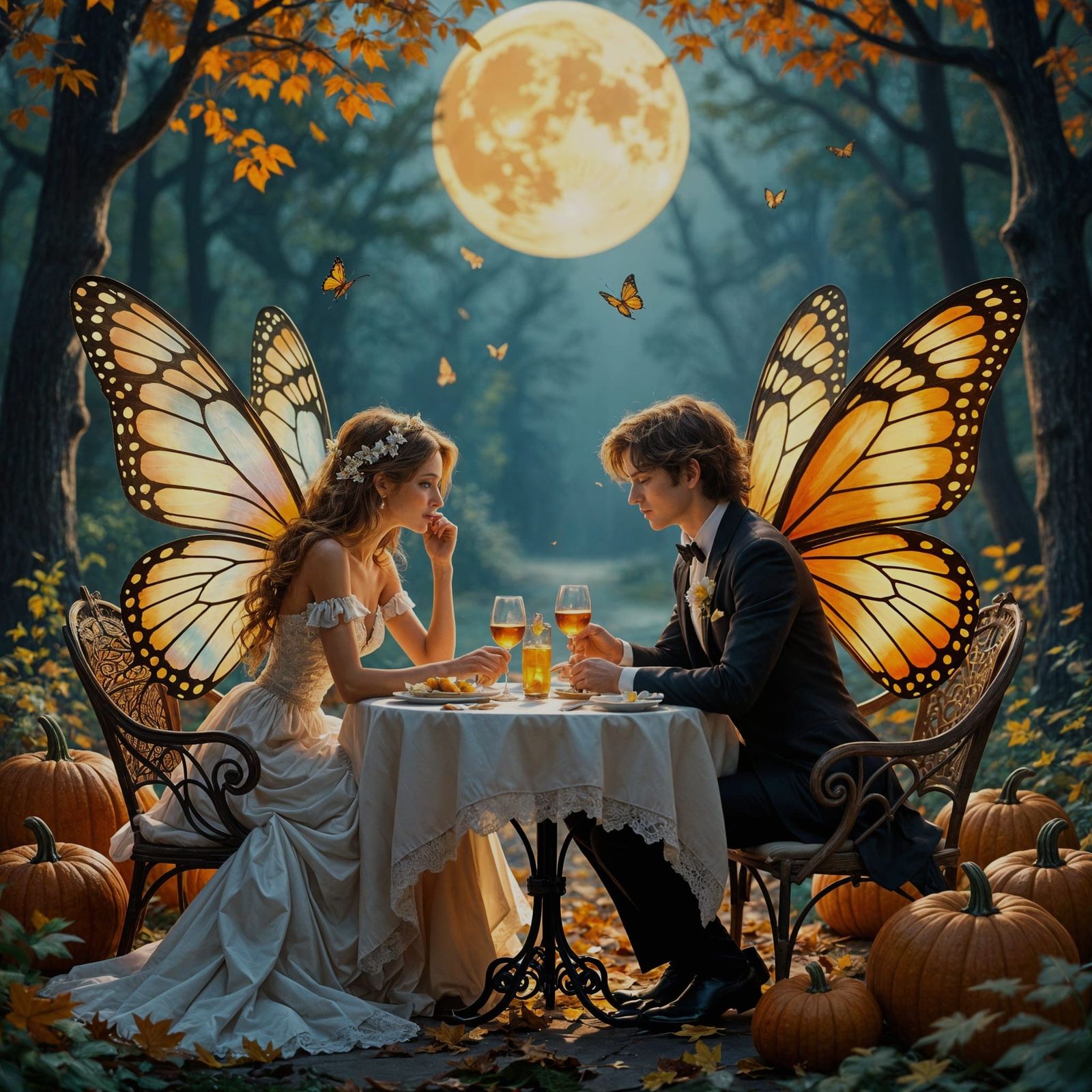 Fairy Couples Dine Under Autumn Moonlight
