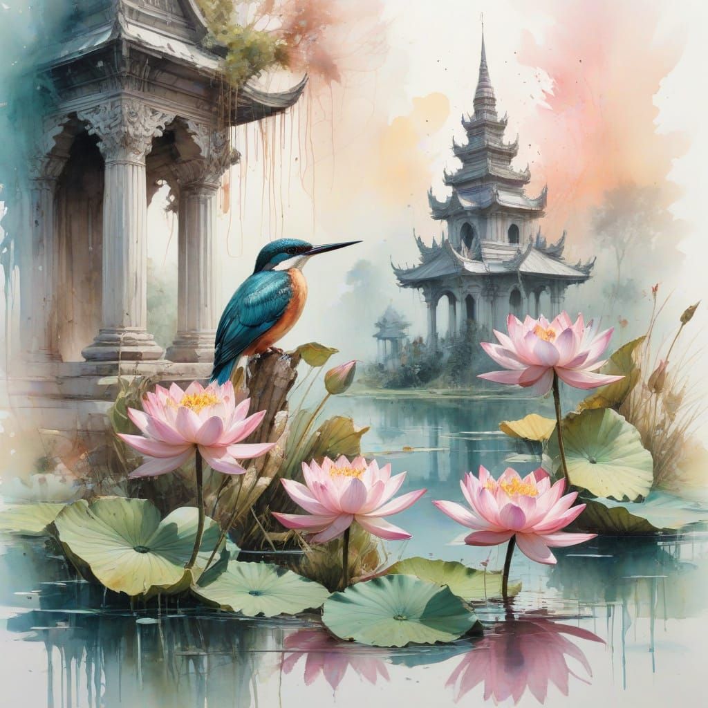 Pastel Lotus Lagoon Serenity: Thai Temple View
