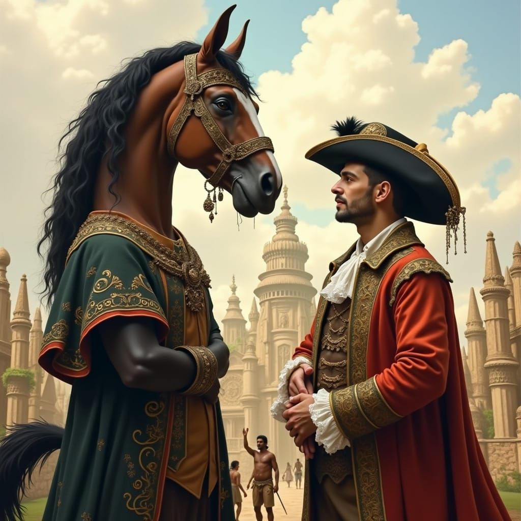 Gentleman in 18th-Century Attire Meets Towering Equine Being...