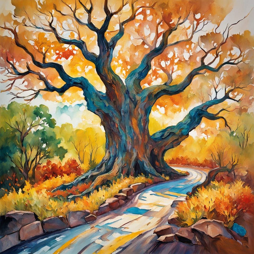 Epic Impressionist Gouache. Medium shot. Ancient giant tree ...