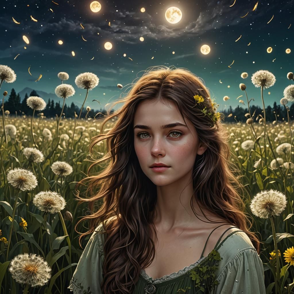 Dandelion Field Under Moonlight: Fantasy Concept Art