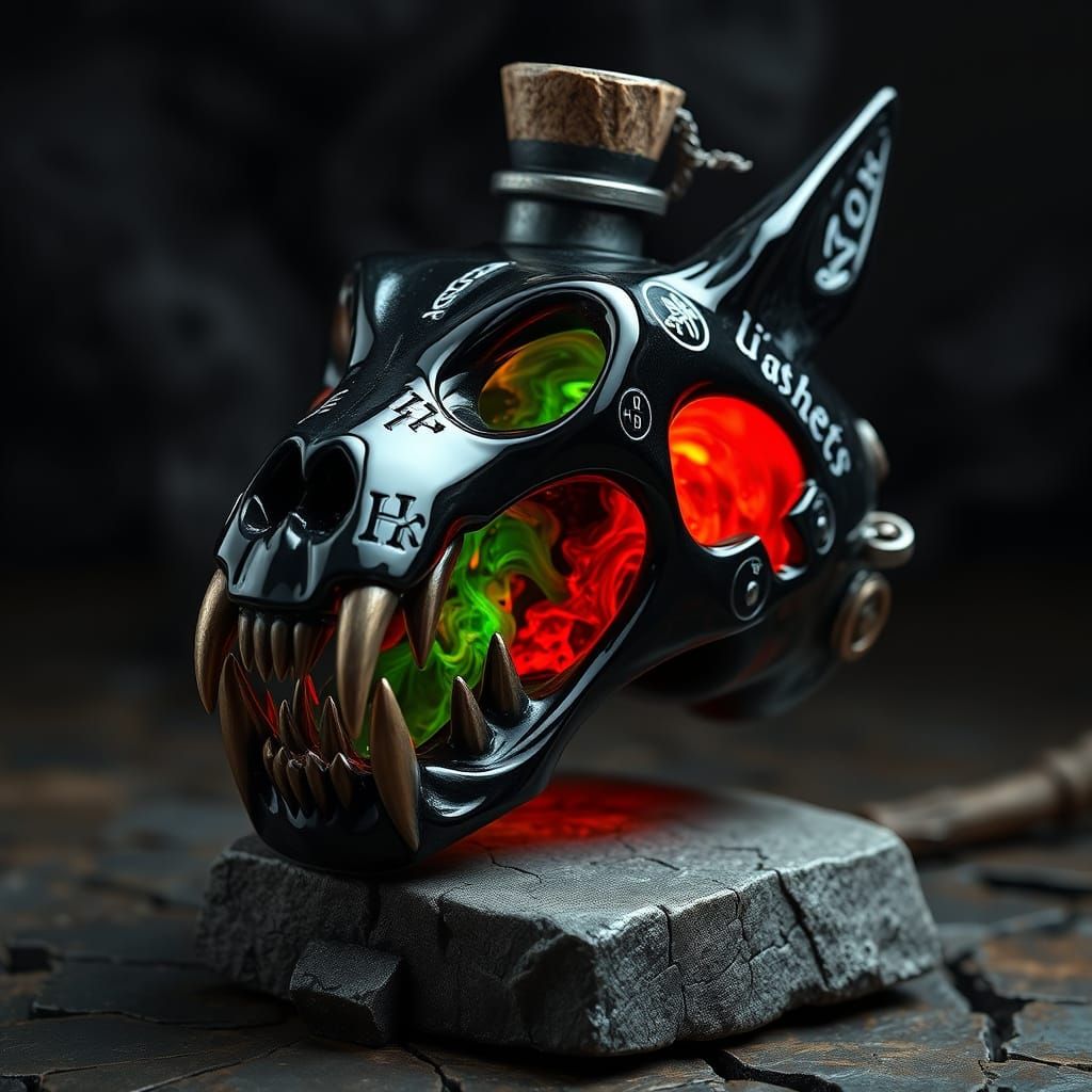 Dark Fantasy Wolf Skull Vial with Obsidian & Bone