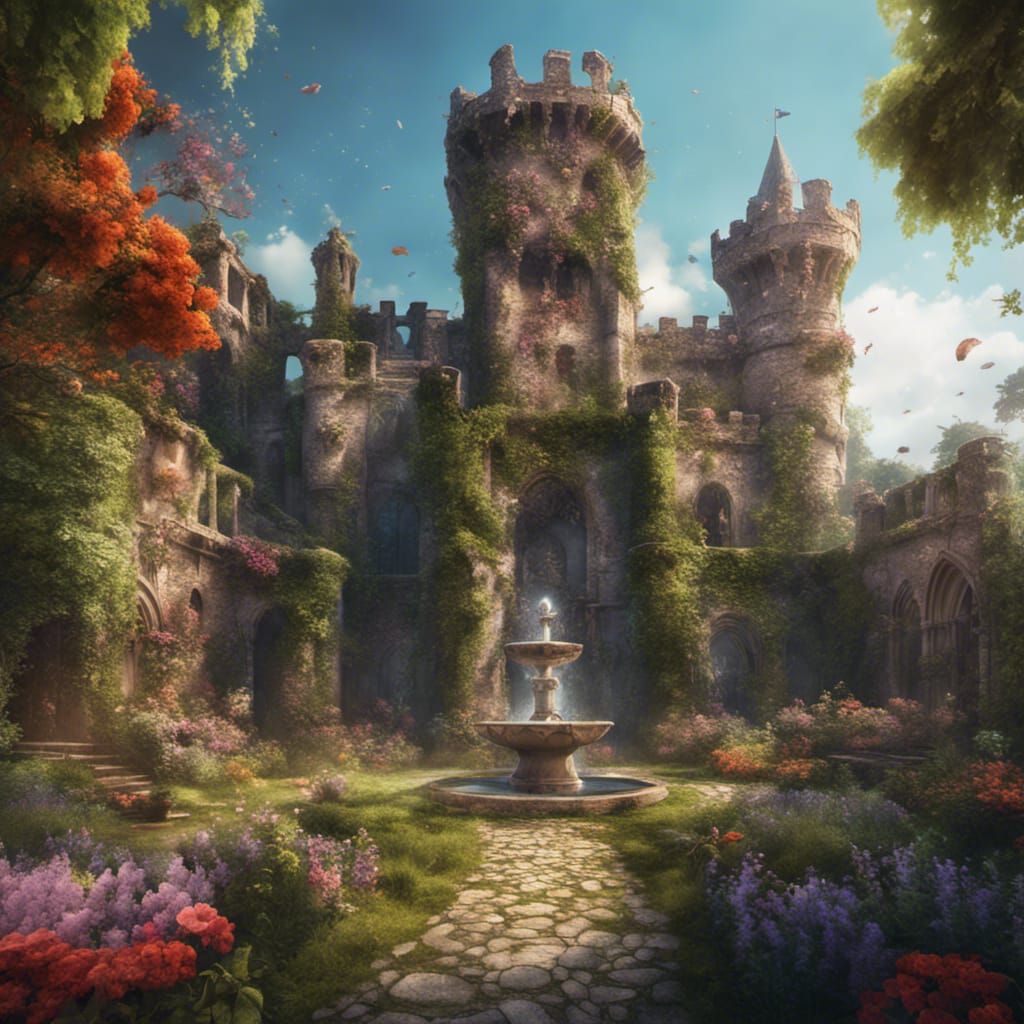 Medieval Castle Ruins with Vibrant Garden