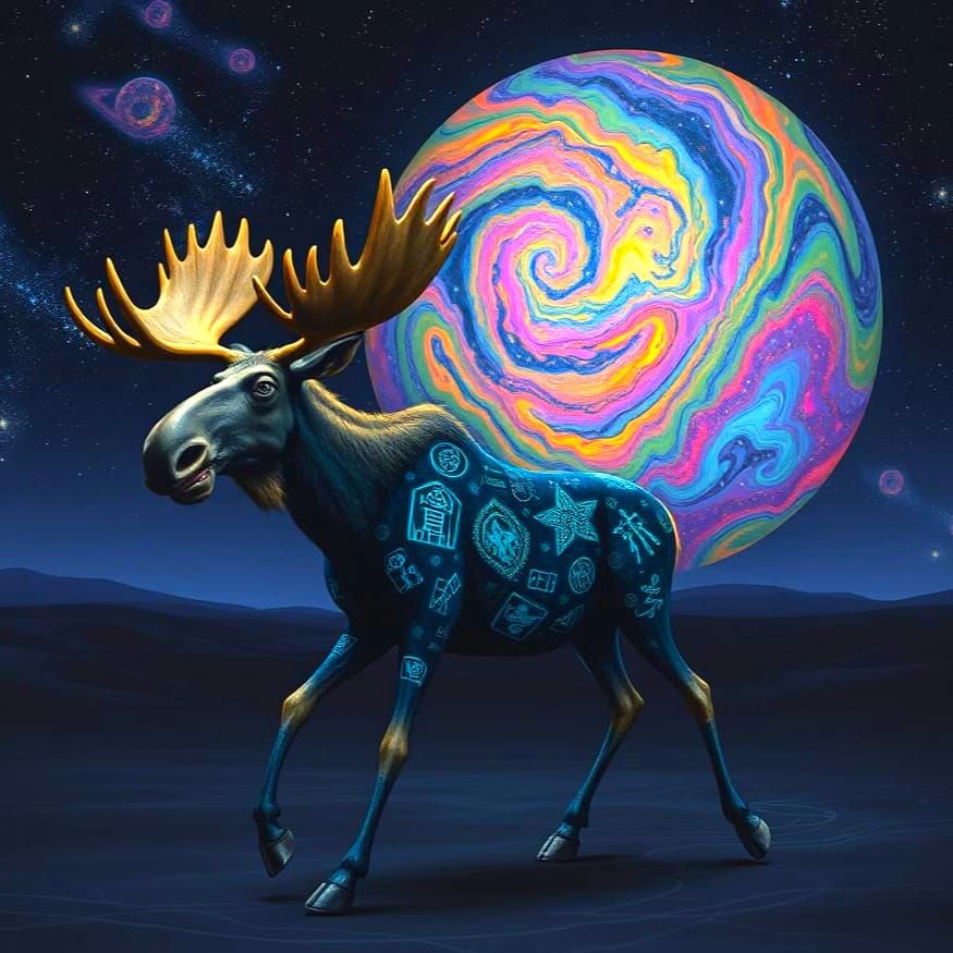 Surreal Bioluminescent Moose Pushing Galaxy Ball