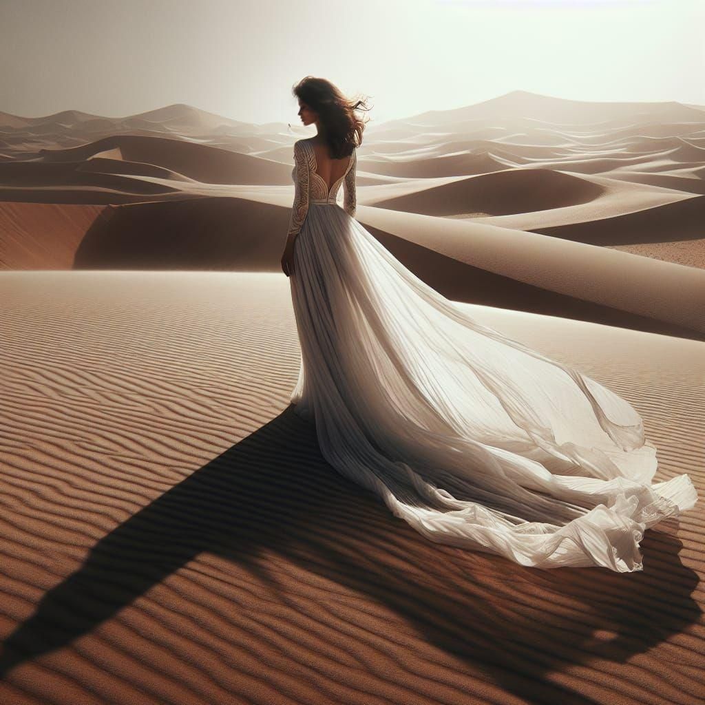 Woman in White Gown in Surreal Desert Landscape