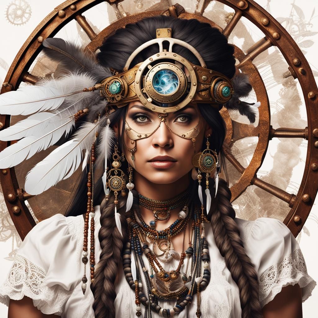 Steampunk Native American Woman with Engine