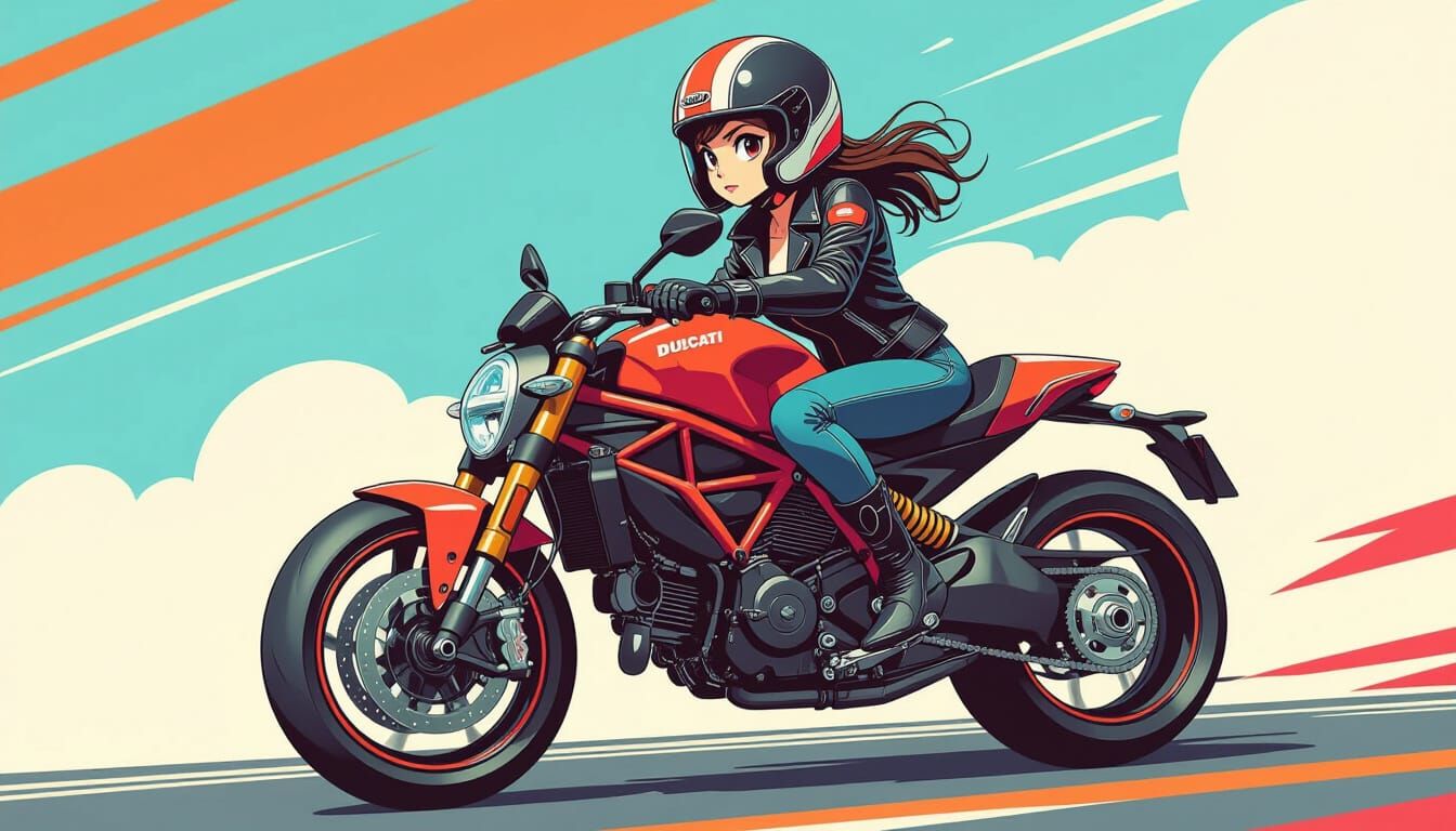 Anime Girl on Ducati Motorcycle in Vibrant Style