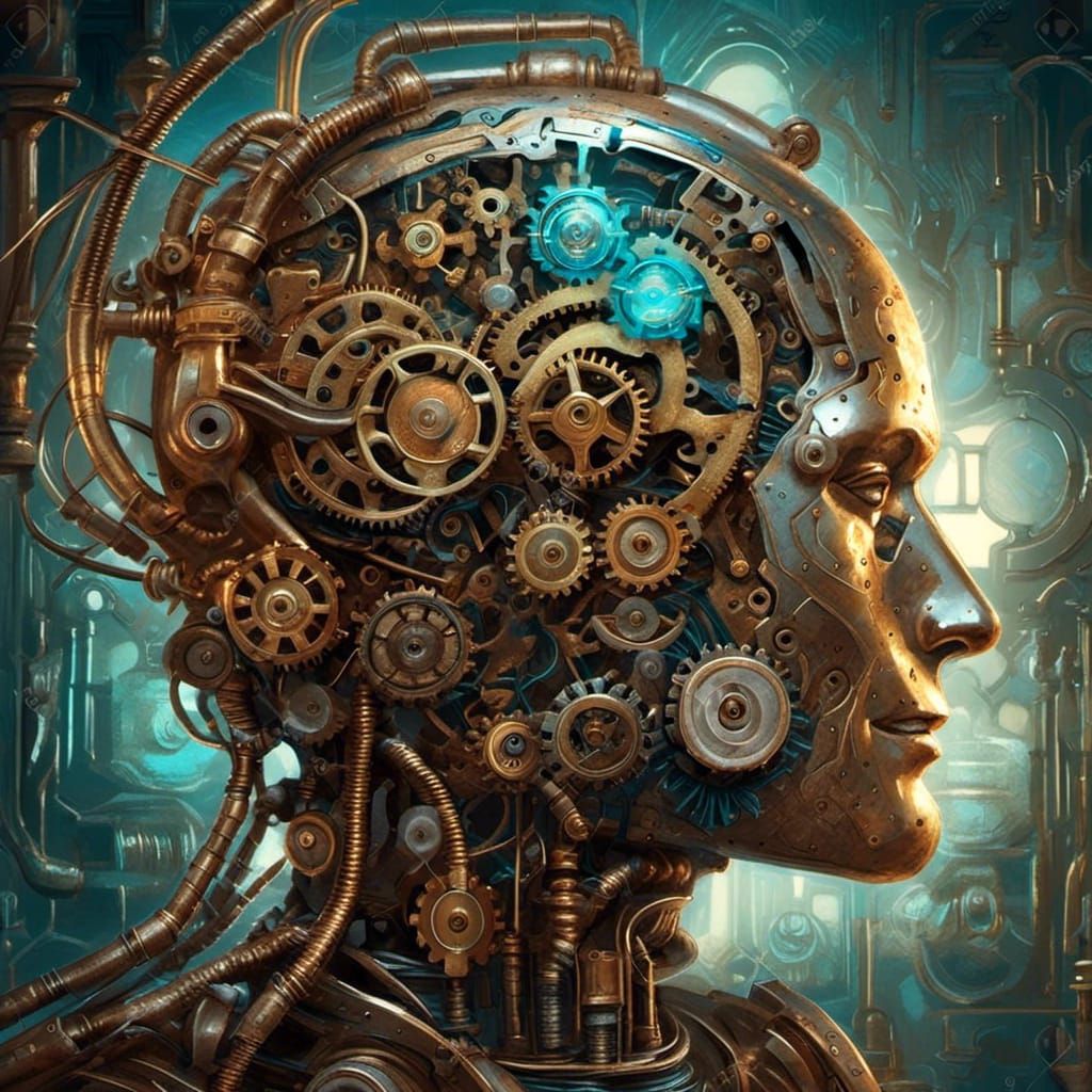 Steampunk Engine with Glowing Brain in Oil Painting Style