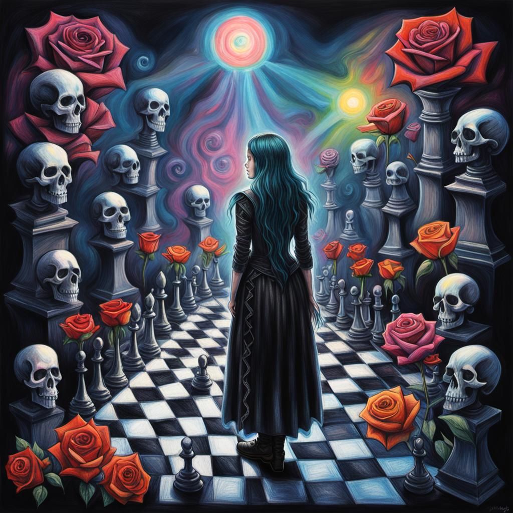 Surrealist Crayon Drawing of Goth Woman on Chessboard