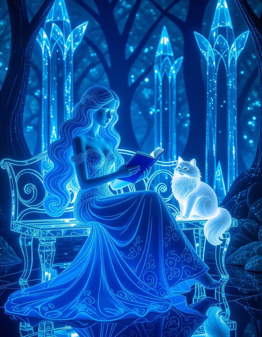 Glass Art Nouveau Scene: Glowing Girl and Cat