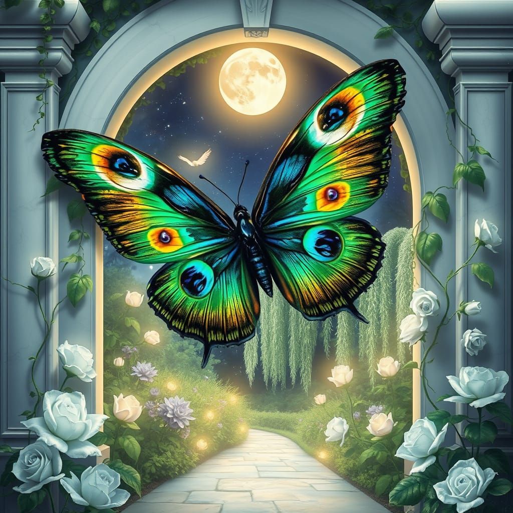 Peacock Feather Butterfly in Ethereal Goddess Garden