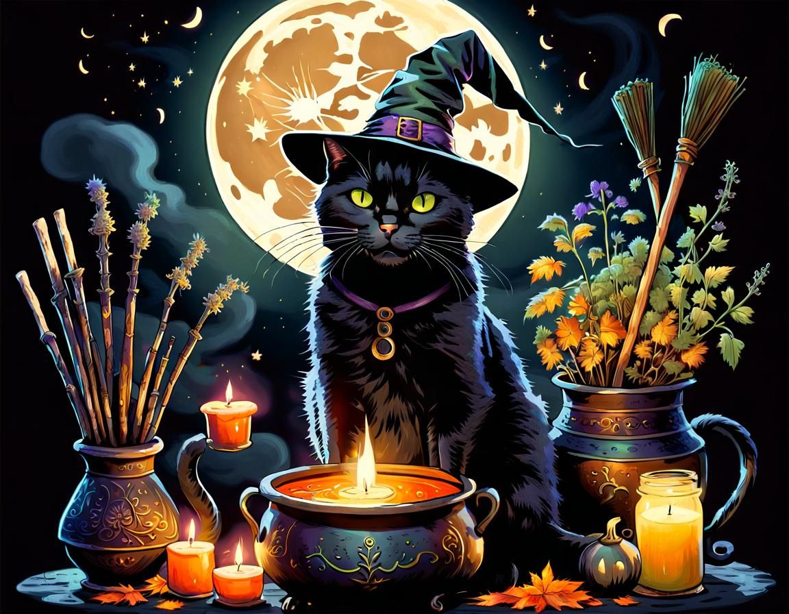 Whimsical Witch Cat Brewing Potion