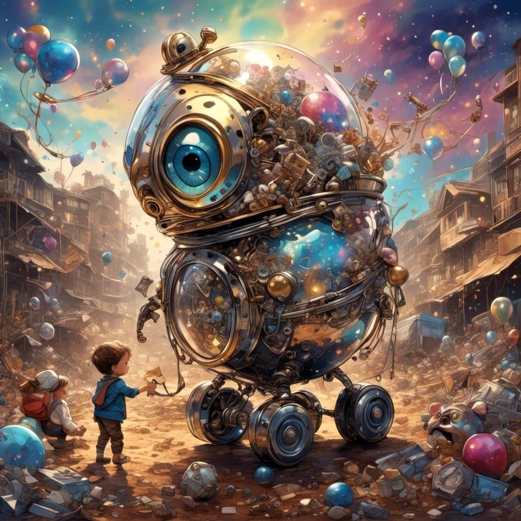 Children Scavenging Toys in Holographic Illustration
