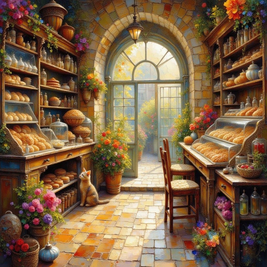 Whimsical Bakery Scene in Oil Painting Style
