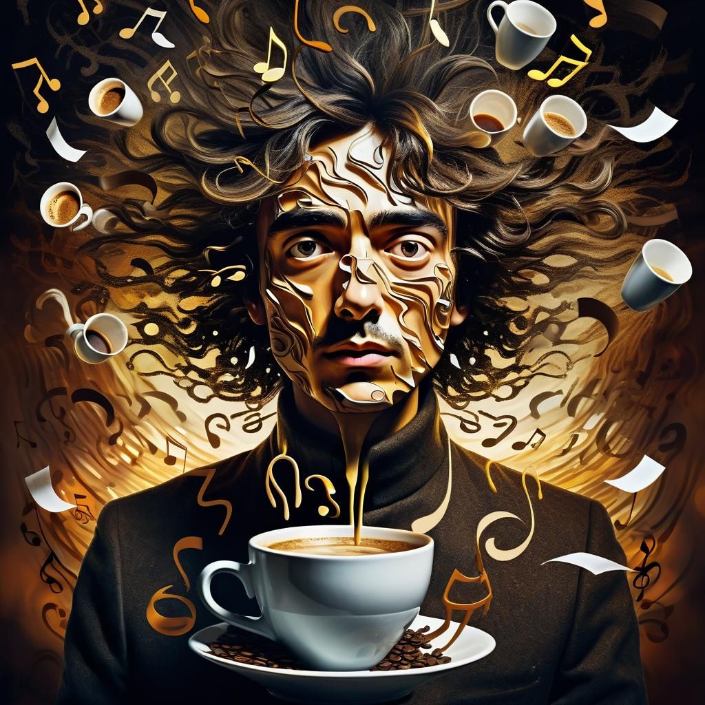 Surreal Portrait with Coffee and Musical Notes