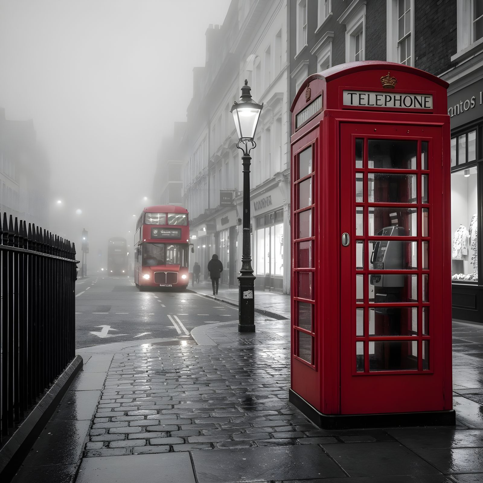 Red Telephone Box and Bus in Foggy London Street