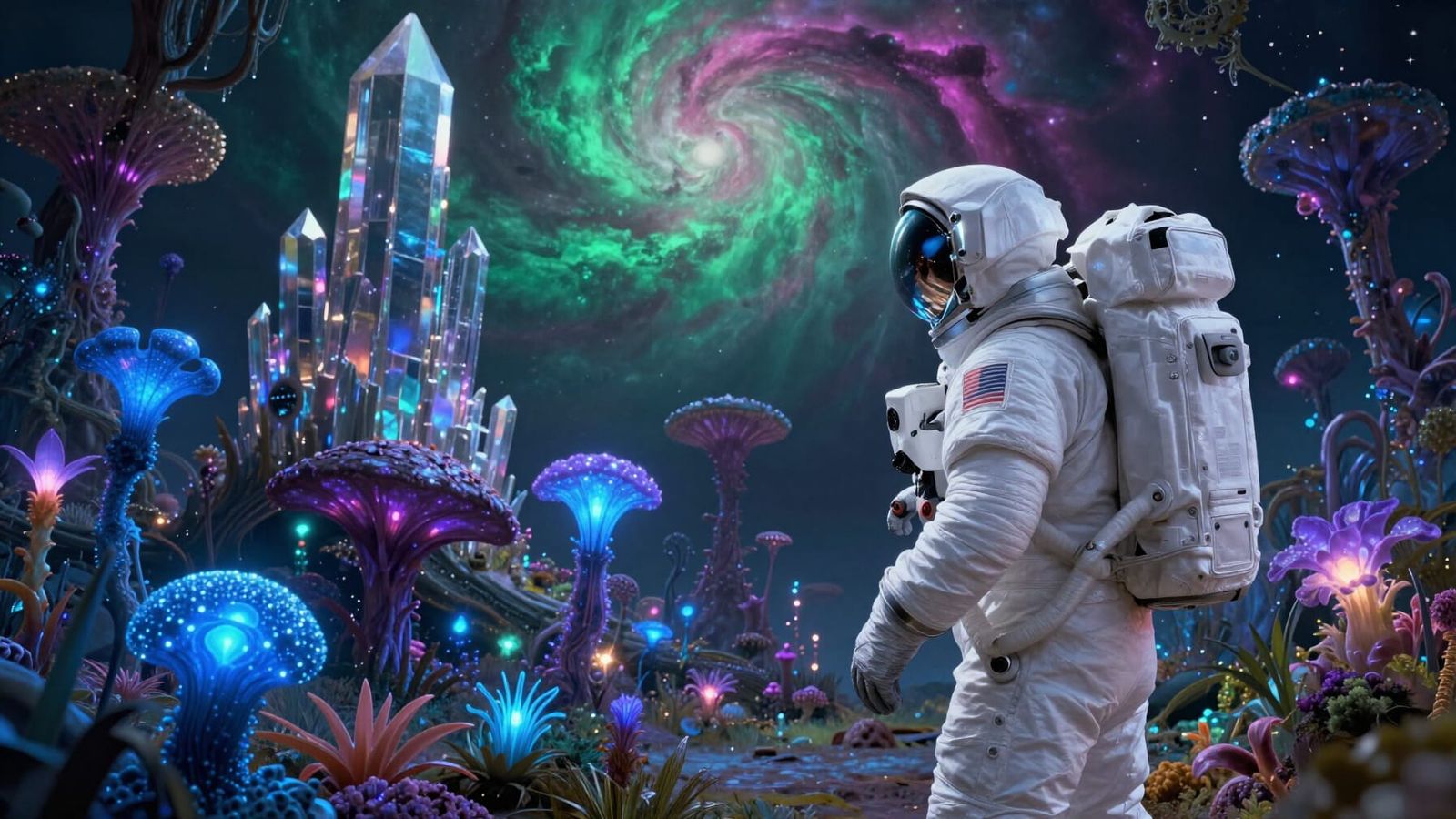 Astronaut Discovers Bioluminescent Alien Garden Under Nebula...
