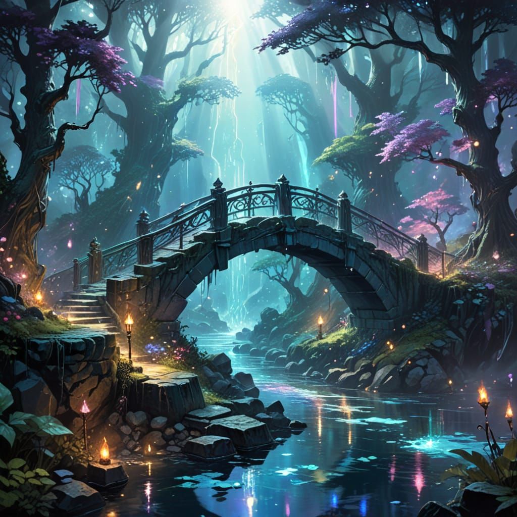 Enchanted Bridge in a Vibrant Magical Forest