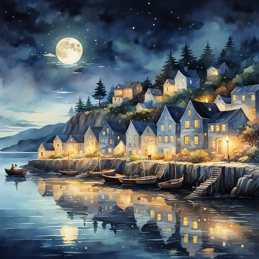 Village by the sea in night