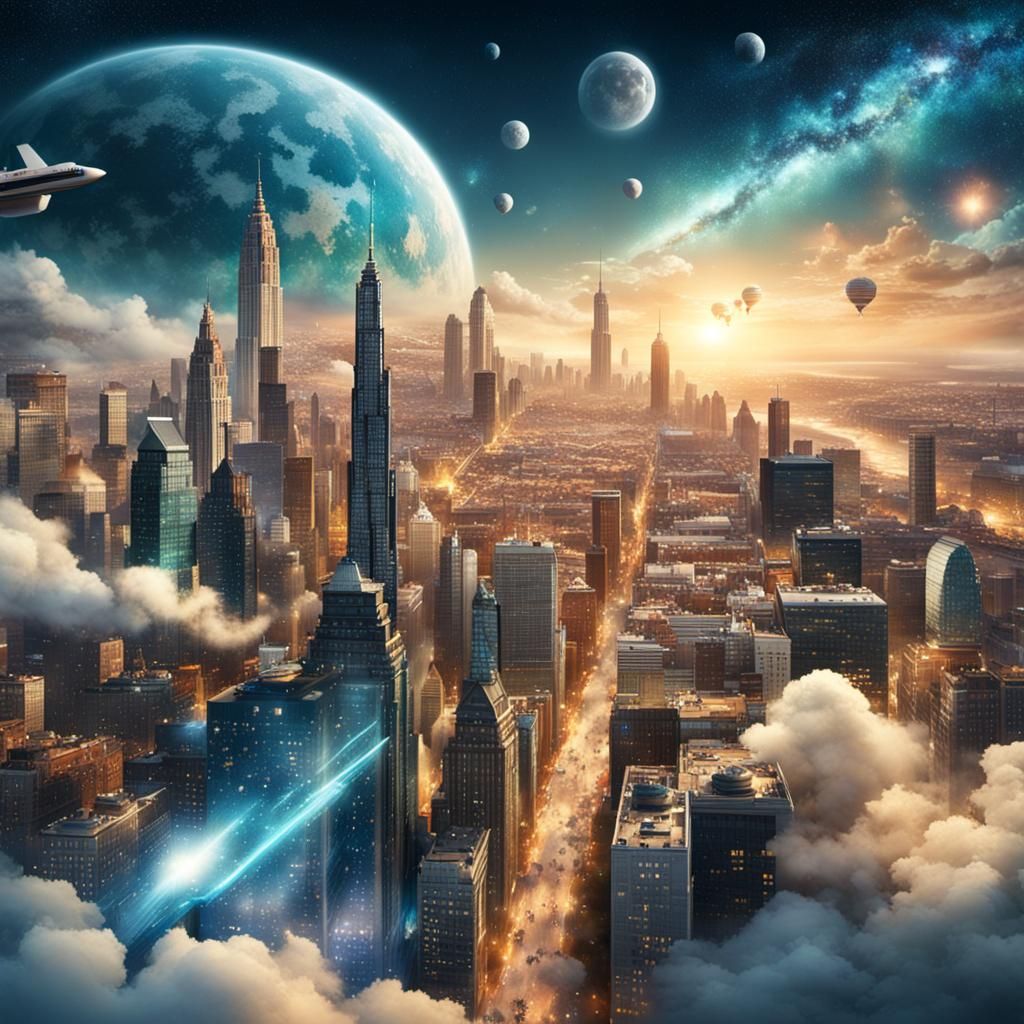 Epic Realistic Cityscape Under Starry Sky