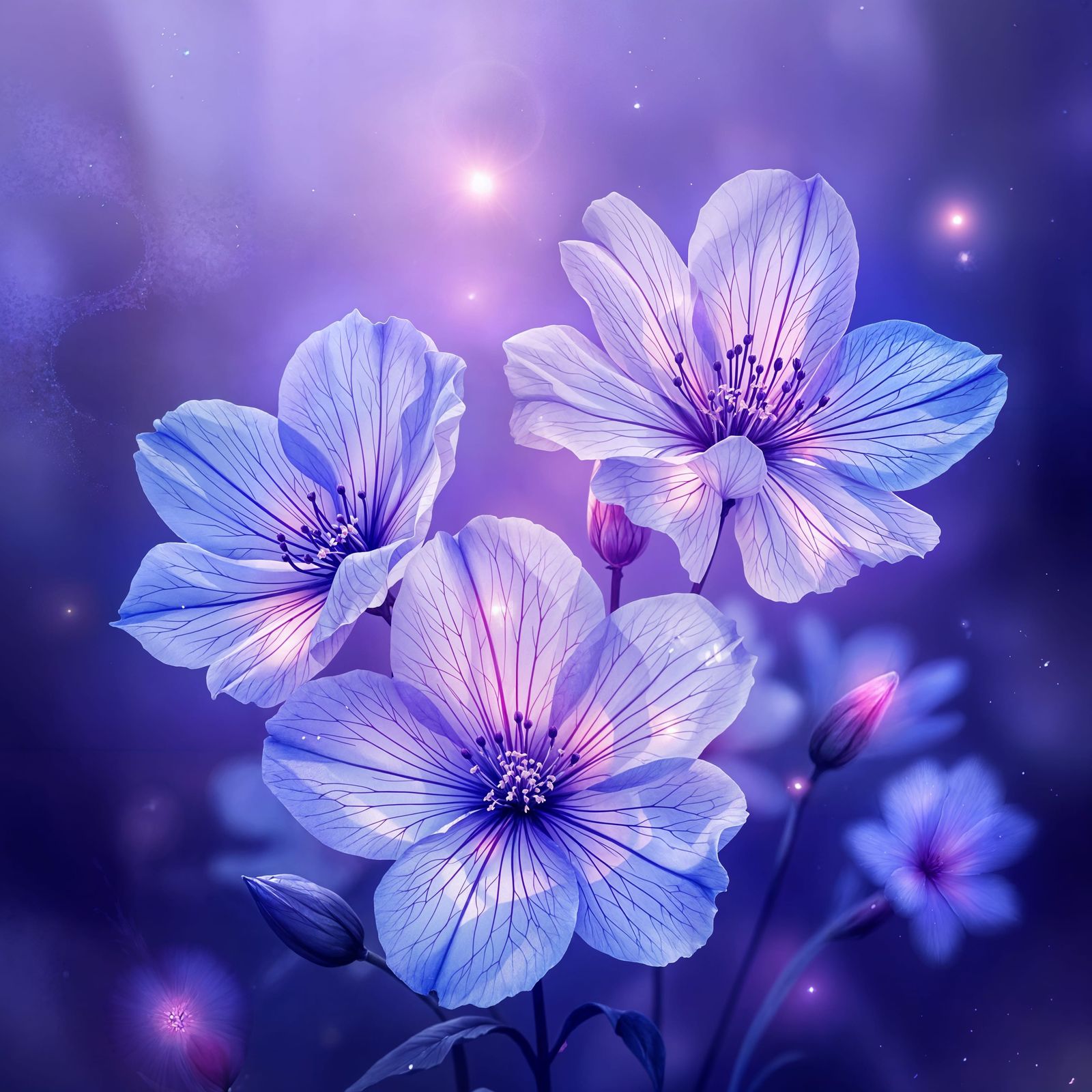 Delicate Blue Flowers in Soft Purple Evening Light