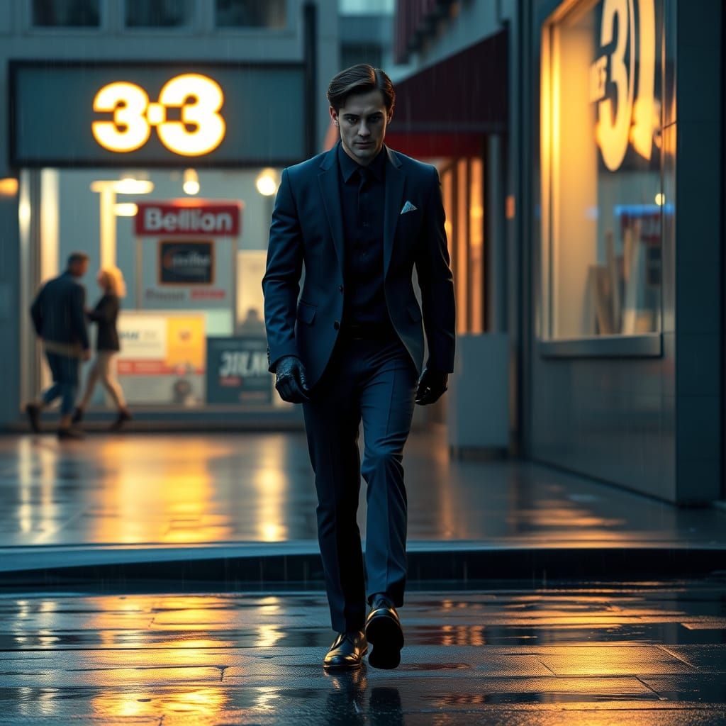 Nightwing Emerges from Rain into Sunlit Street